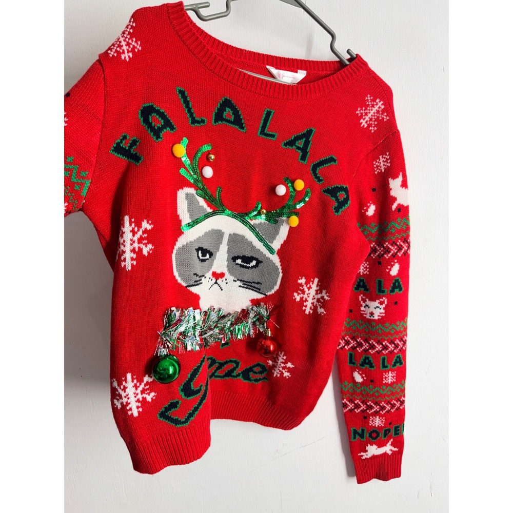 No Boundaries Grumpy Cat Ugly Christmas Sweater Red Sequin Tinsel XL 15-17